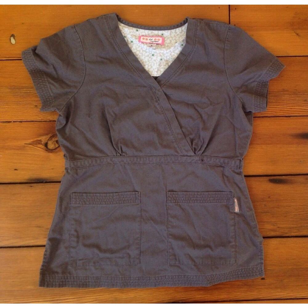 Koi Kathy Peterson Womens Gray Fitted Ctton Blend Scrubs Top Shirt S-M 36" Chest